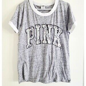 PINK Victoria's Secret Gray Ringer Crew Neck Sequin Logo T-Shirt Women's L